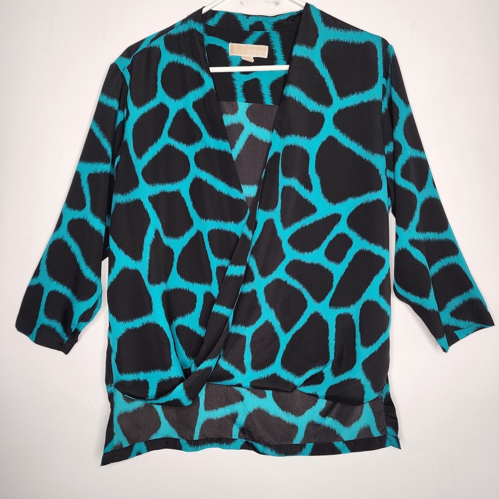 Michael Kors Black Teal Long Sleeved High-low Blouse Wrap Look Front Size M READ